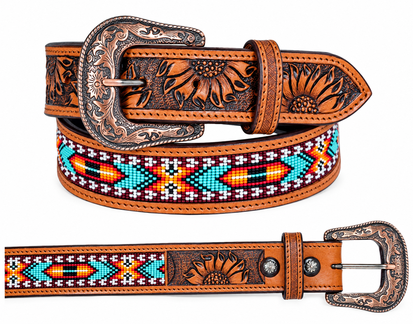 Sunflower Carved Aztec Beaded Belt